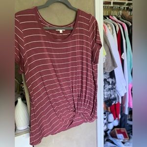 flowy stripped shirt, with partial knot at the bottom